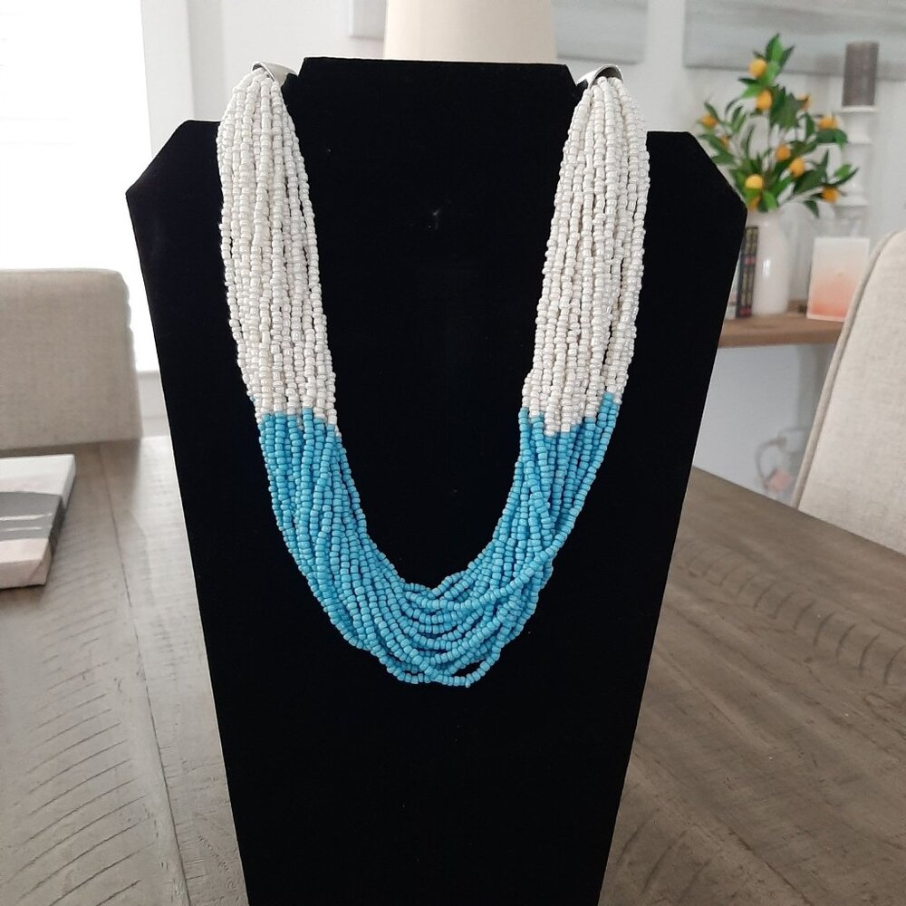 Adjustable White and Blue Multi strand Seed Bead Necklace Beachy Chic Boho Coast